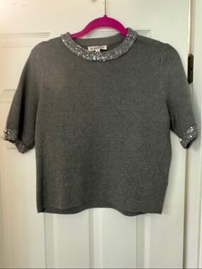 Nanette Lepore Silver Gray Sequin-Trim Knit Top